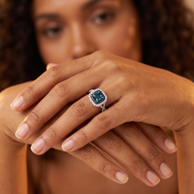 Luxuriant Asscher Cut Lab Grown Blue Diamond (IR) and Lab Grown Diamond SI 1.80 ctw Royal Halo Ring in Rhodium Over Sterling Silver (Size 6.0)