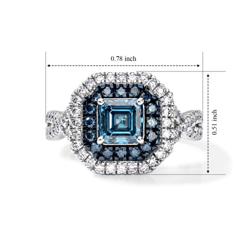 Luxuriant Asscher Cut Lab Grown Blue Diamond (IR) and Lab Grown Diamond SI 1.80 ctw Royal Halo Ring in Rhodium Over Sterling Silver (Size 6.0)