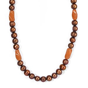 EverTrue Brown Pearl (D) and Red Aventurine 60.00 ctw Necklace (18 Inches) in Platinum Bond