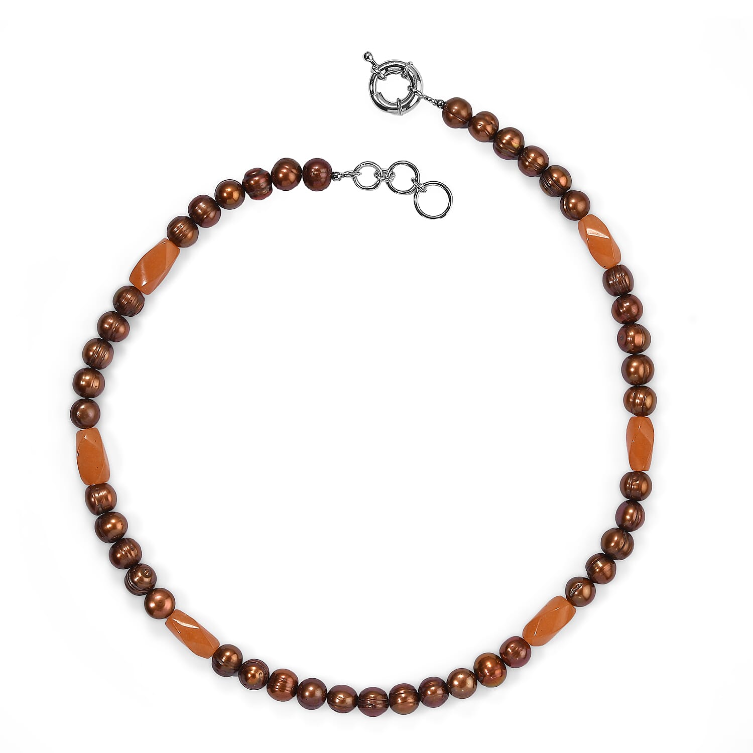 EverTrue Brown Pearl (D) and Red Aventurine 60.00 ctw Necklace (18 Inches) in Platinum Bond