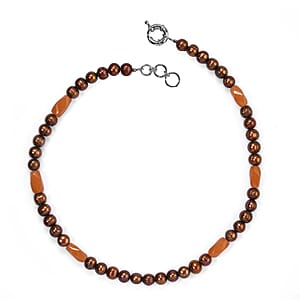 EverTrue Brown Pearl (D) and Red Aventurine 60.00 ctw Necklace (18 Inches) in Platinum Bond