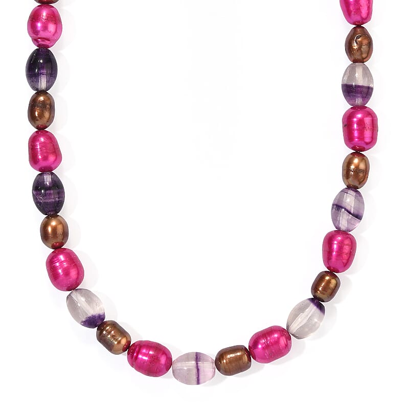 EverTrue Brown and Purple Pearl (D), Blue Fluorite 70.00 ctw Necklace (18 Inches) in Platinum Bond
