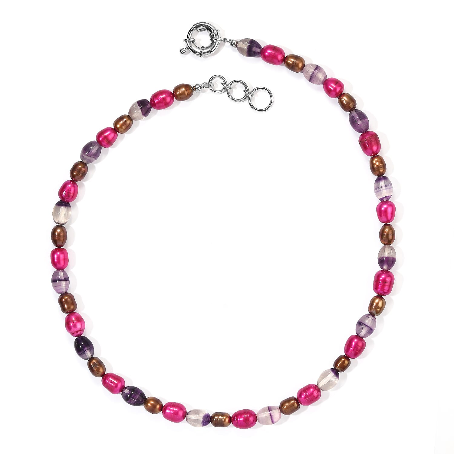 EverTrue Brown and Purple Pearl (D), Blue Fluorite 70.00 ctw Necklace (18 Inches) in Platinum Bond