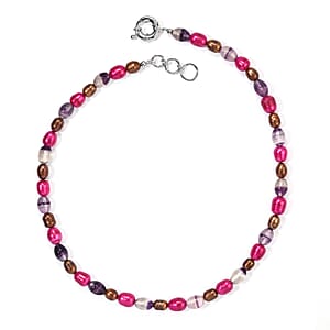 EverTrue Brown and Purple Pearl (D), Blue Fluorite 70.00 ctw Necklace (18 Inches) in Platinum Bond