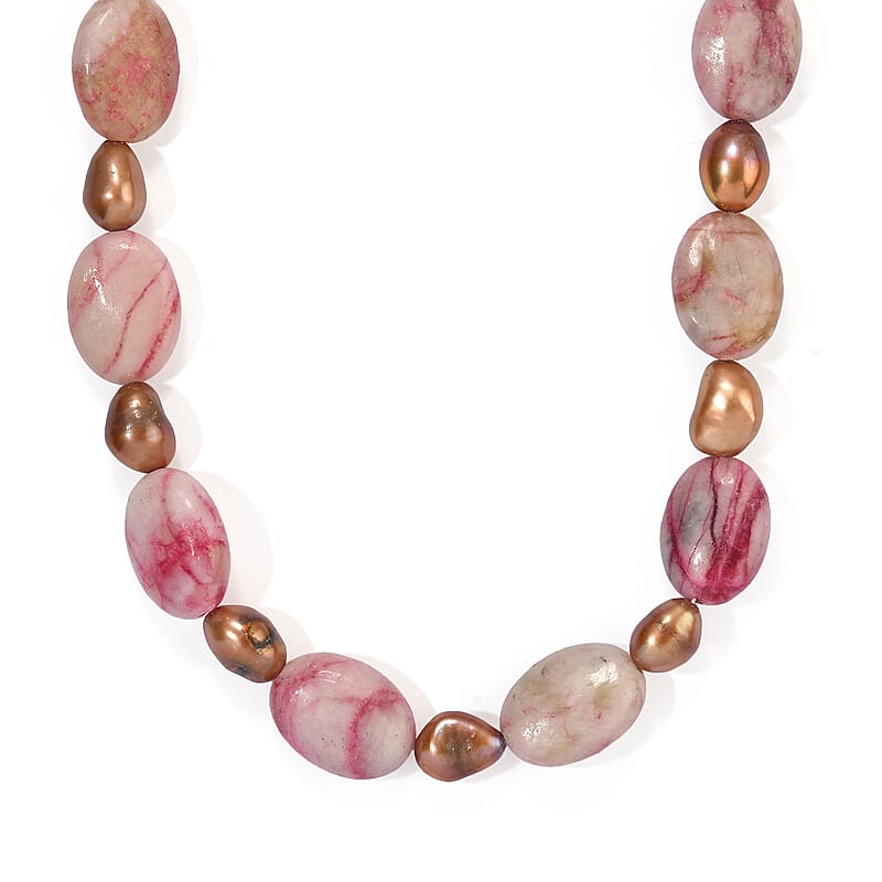 EverTrue Brown Pearl (D) and Crazy Lace Jasper 160.00 ctw Necklace (18 Inches) in Platinum Bond