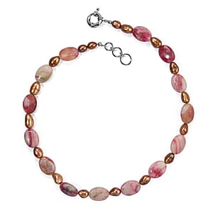 EverTrue Brown Pearl (D) and Crazy Lace Jasper 160.00 ctw Necklace (18 Inches) in Platinum Bond