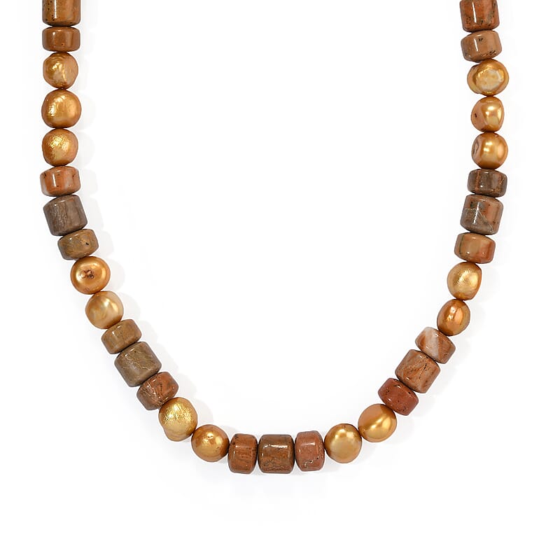 EverTrue Yellow Pearl (D) and Jasper 100.00 ctw Necklace (18 Inches) in Platinum Bond