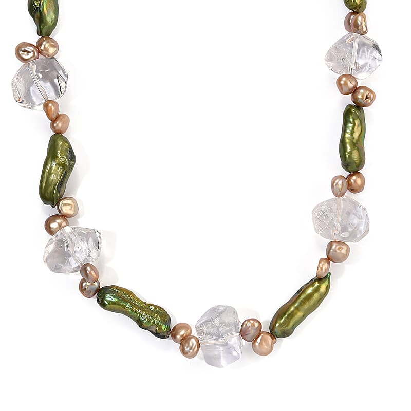 EverTrue Crystal Quartz 200.00 ctw and Green and Champagne Keshi Pearl (D) Necklace (18 Inches) in Platinum Bond