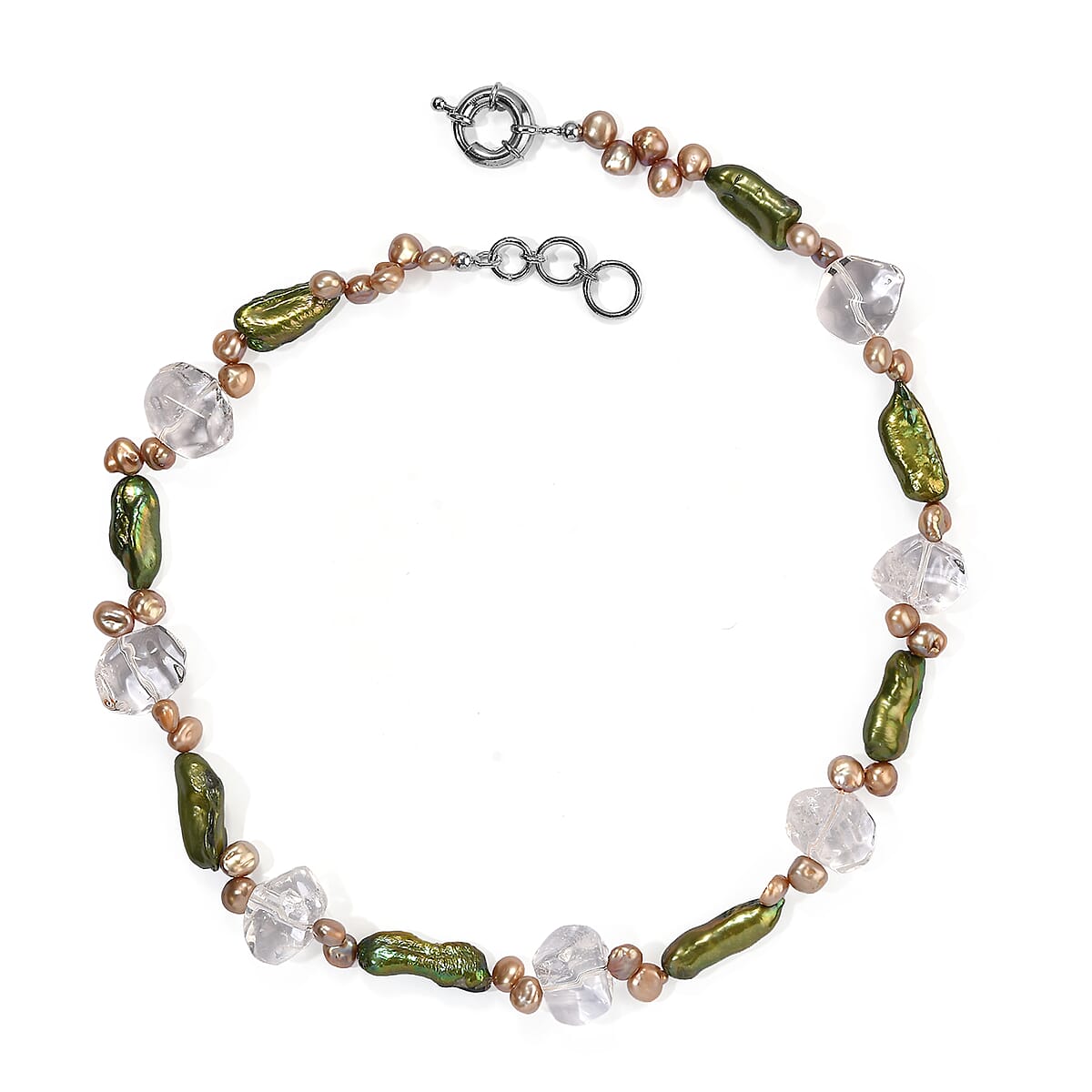 EverTrue Crystal Quartz 200.00 ctw and Green and Champagne Keshi Pearl (D) Necklace (18 Inches) in Platinum Bond image number 1