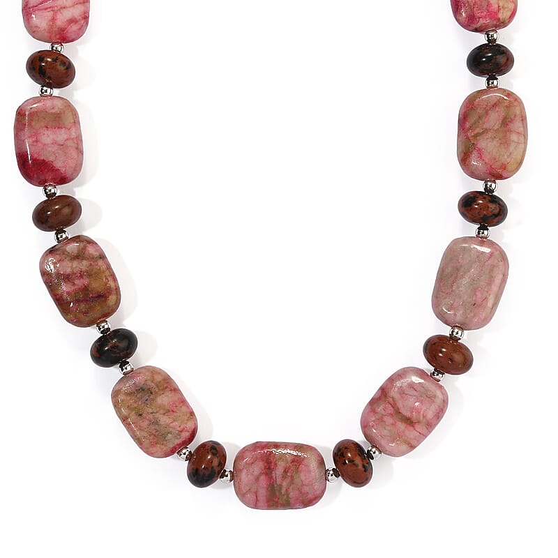 EverTrue Mahagooni and Crazy Lace Jasper 290.00 ctw Beaded Necklace (18 Inches) in Platinum Bond