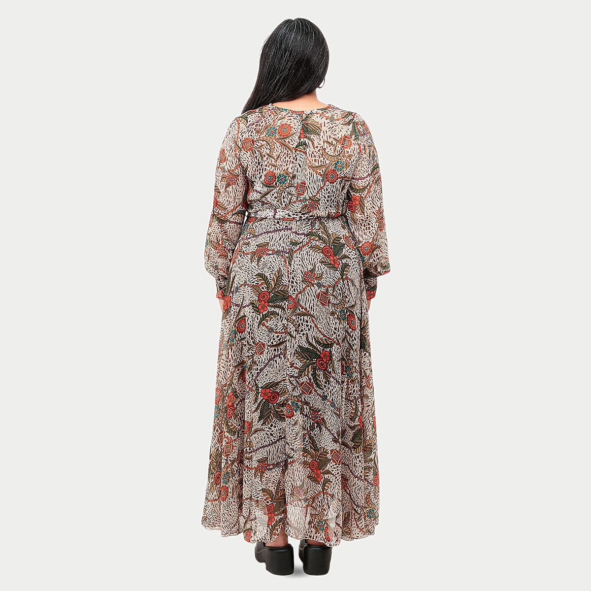 Spy Zone Exchange Beige Multi Colored Animal Clavel Full Sleeve Wrap Dress-S