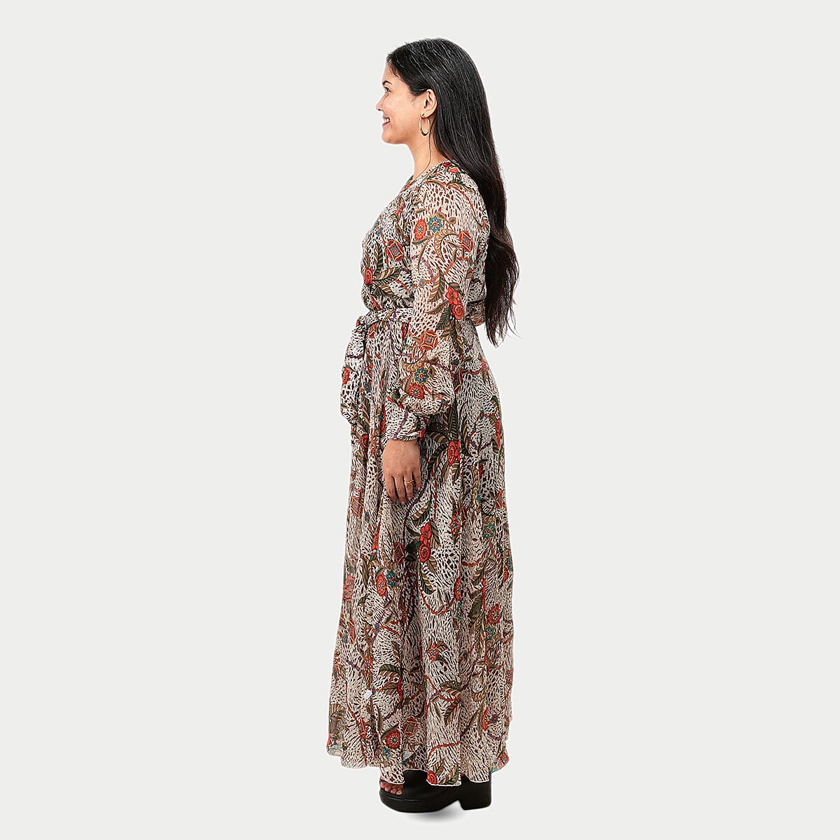 Spy Zone Exchange Beige Multi Colored Animal Clavel Full Sleeve Wrap Dress-S