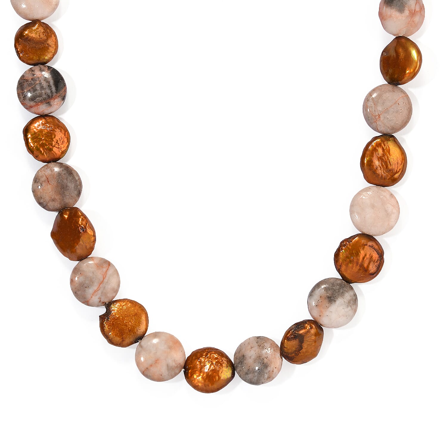 EverTrue Bronze Pearl (D) and Pink Zebra Jasper 100.00 ctw Necklace (18 Inches) in Platinum Bond