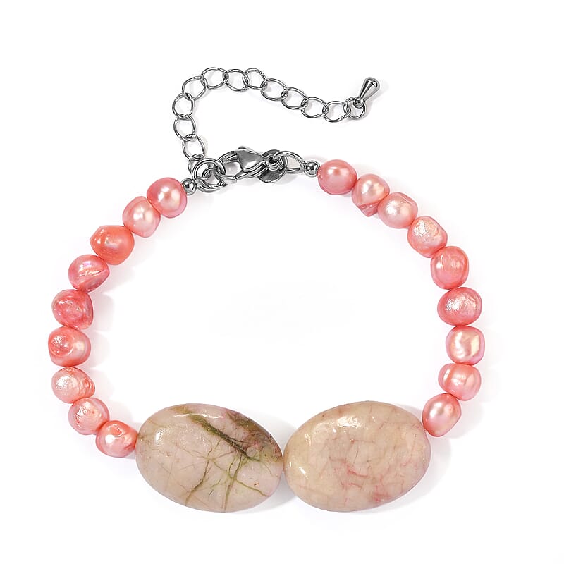 EverTrue Light Pink Pearl (D) and Crazy Lace Jasper 60.00 ctw Beaded Bracelet in Stainless Steel (7.25 In)