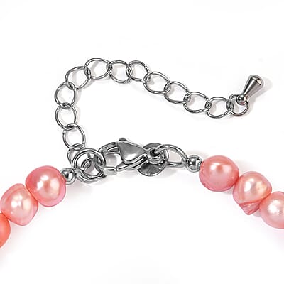EverTrue Light Pink Pearl (D) and Crazy Lace Jasper 60.00 ctw Beaded Bracelet in Stainless Steel (7.25 In)