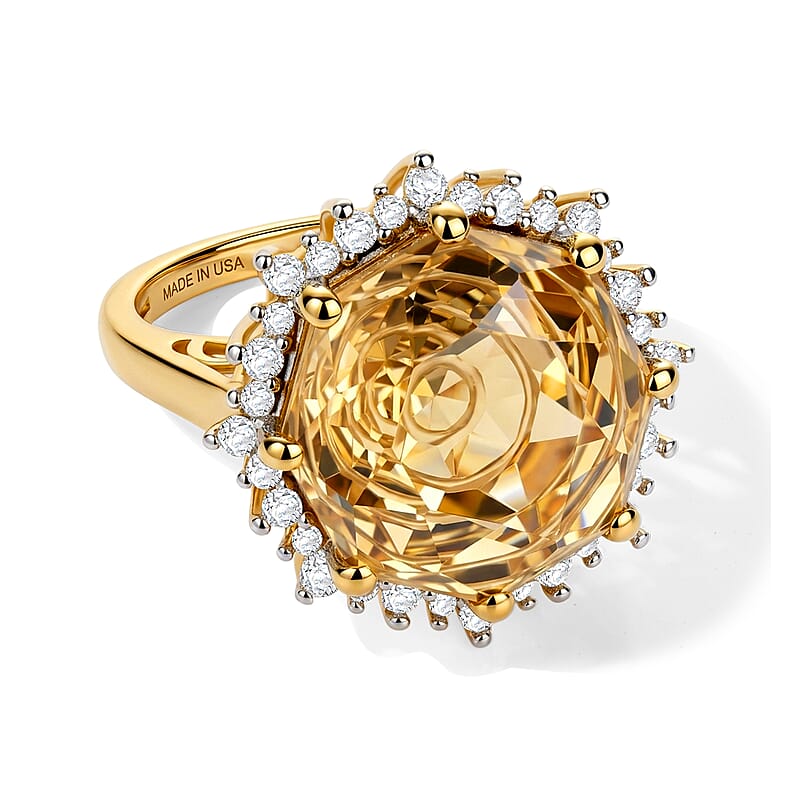 D'Joy Brazilian Citrine and White Zircon 13.00 ctw Ring in 18K Vermeil Yellow Gold Over Sterling Silver (Size 6.0)