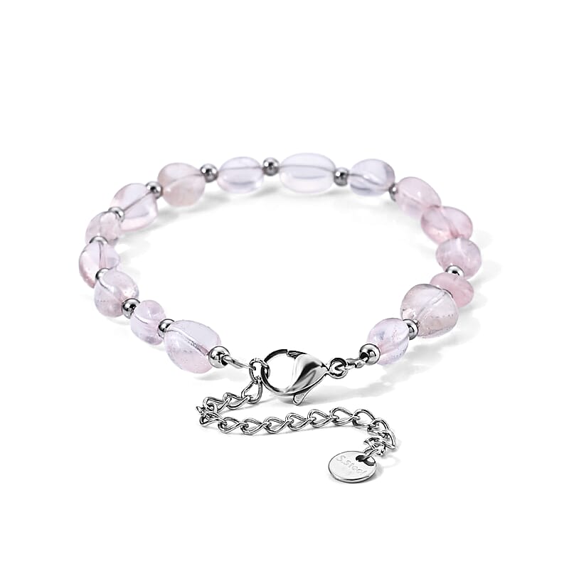 Rose Quartz 28.00 ctw Cord Beaded Bracelet in Stainless Steel (6-9In)