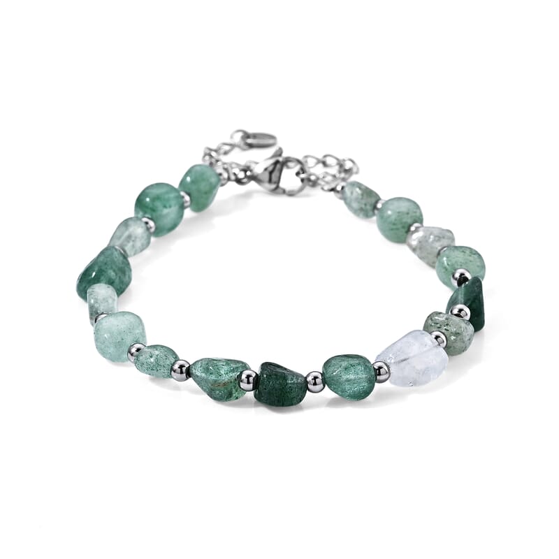 Green Strawberry Quartz 28.00 ctw Cord Beaded Bracelet in Stainless Steel (6-9In)
