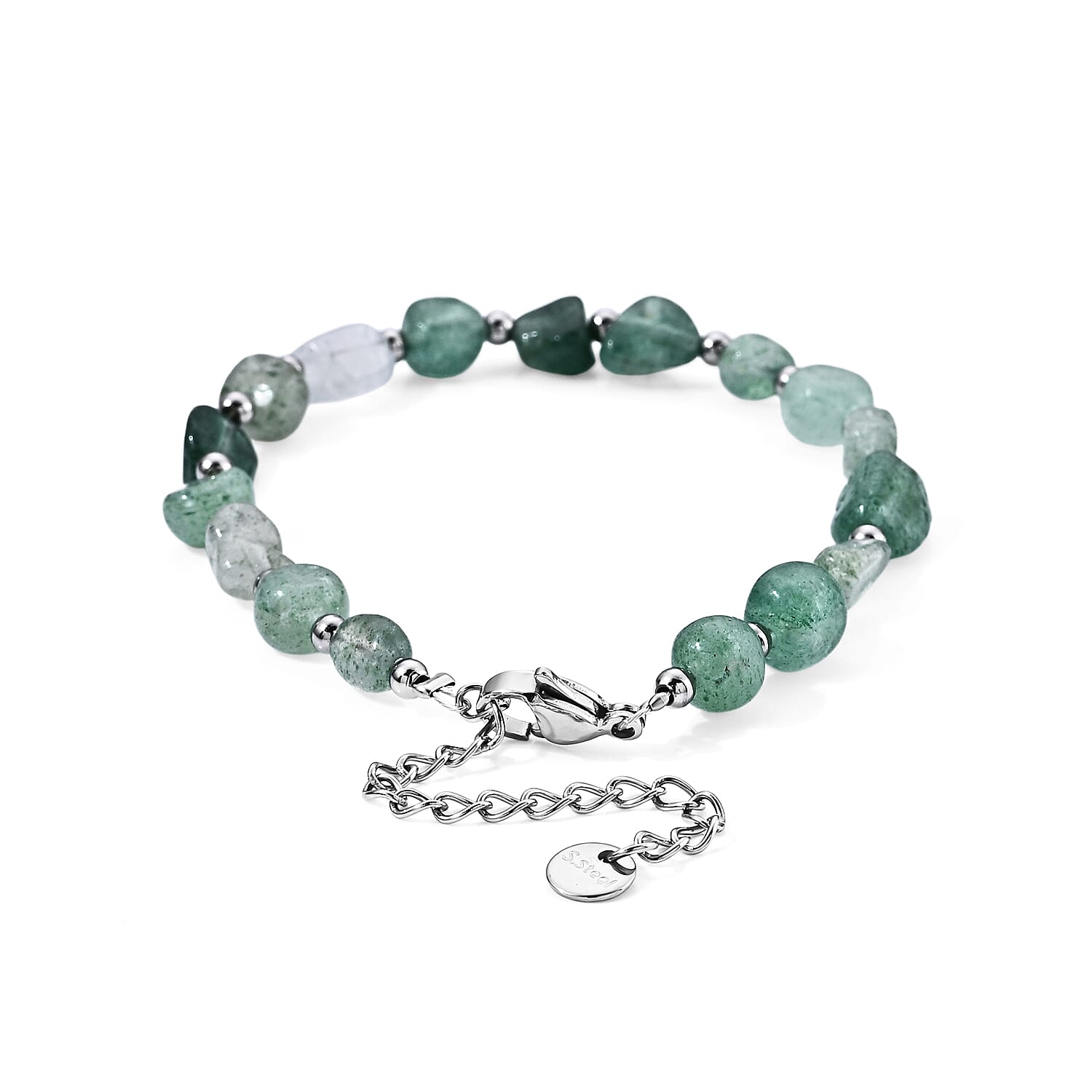 Green Strawberry Quartz 28.00 ctw Cord Beaded Bracelet in Stainless Steel (6-9In)