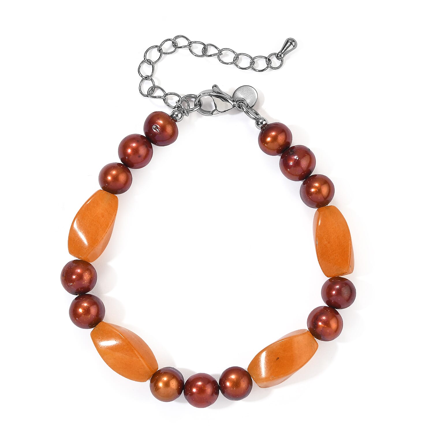 EverTrue Brown Pearl (D) and Red Aventurine 40.00 ctw Bracelet in Stainless Steel (7.25 In)
