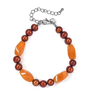 EverTrue Brown Pearl (D) and Red Aventurine 40.00 ctw Bracelet in Stainless Steel (7.25 In)