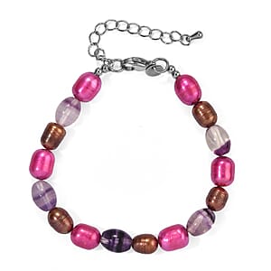 EverTrue Brown and Purple Pearl (D) and Blue Fluorite 20.00 ctw Bracelet in Stainless Steel (7.25 In)