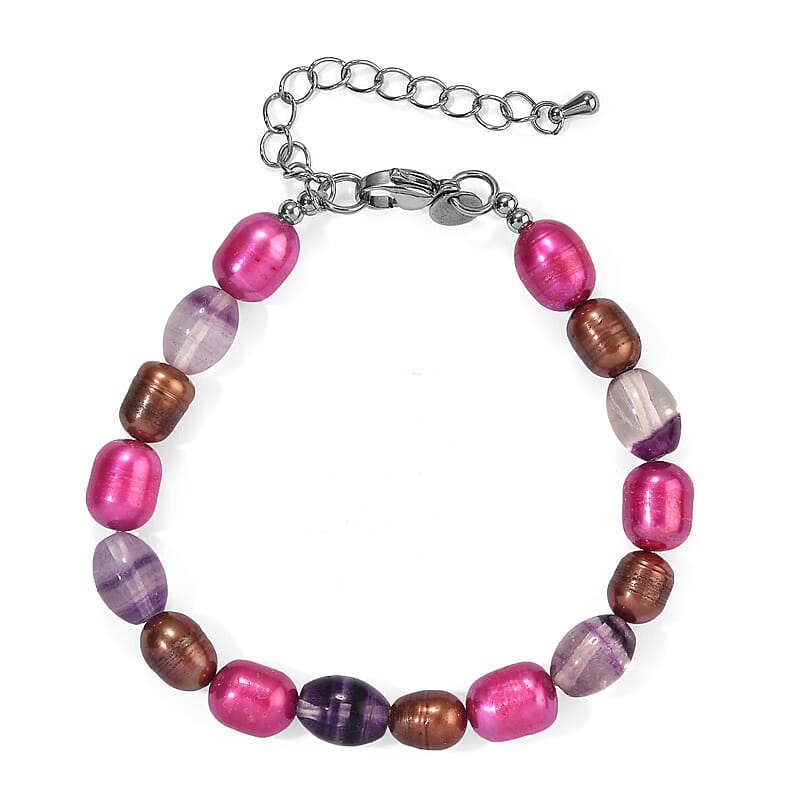 EverTrue Brown and Purple Pearl (D) and Blue Fluorite 20.00 ctw Bracelet in Stainless Steel (7.25 In)