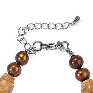 EverTrue Brown Pearl (D) and Picasso Jasper 50.00 ctw Bracelet in Stainless Steel (7.25 In)