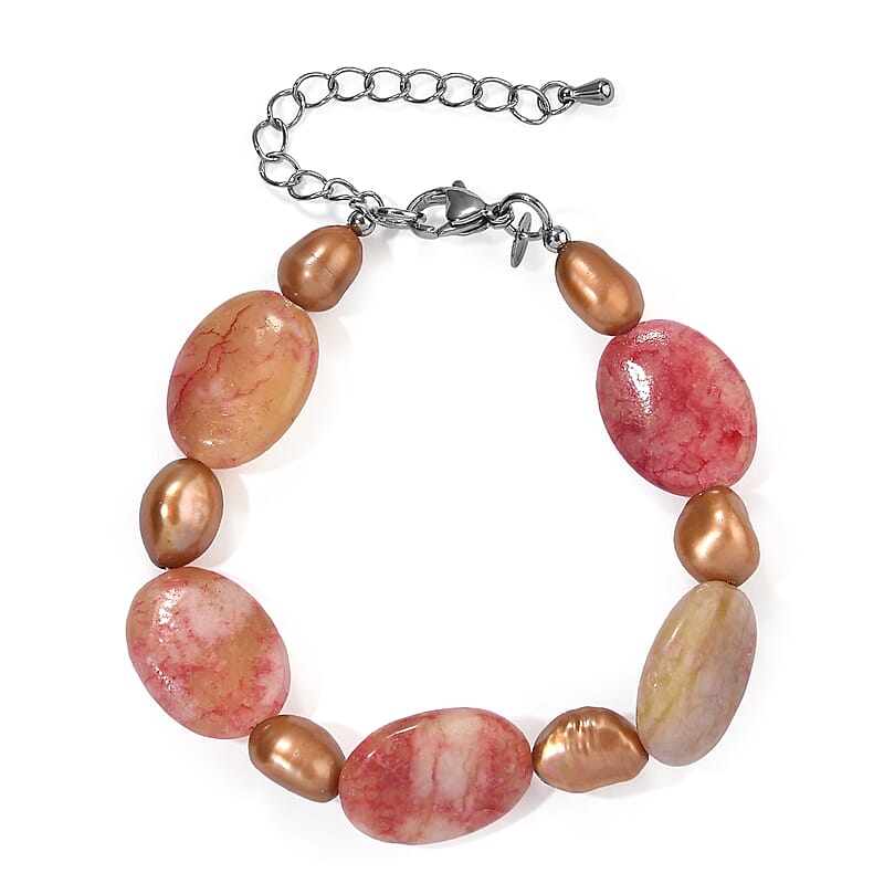 EverTrue Crazy Lace Jasper 65.00 ctw and Brown Pearl (D) Bracelet in Stainless Steel (7.25 In)