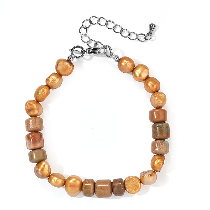 EverTrue Jasper 30.00 ctw and Yellow Pearl (D) Bracelet in Stainless Steel (7.25 In)