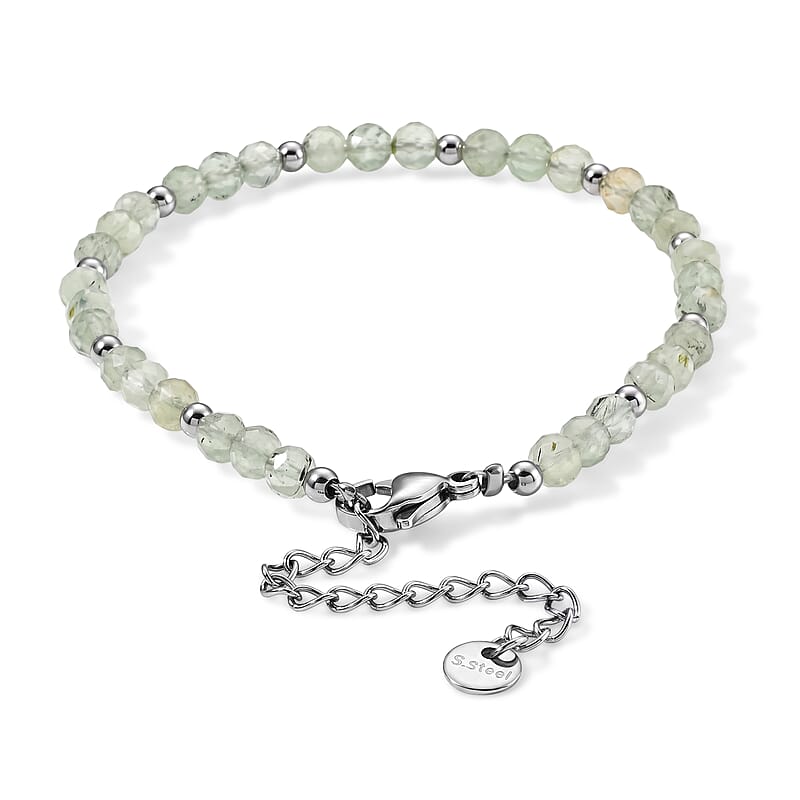 Prehnite 15.00 ctw Cord Beaded Bracelet in Stainless Steel (6-9In)