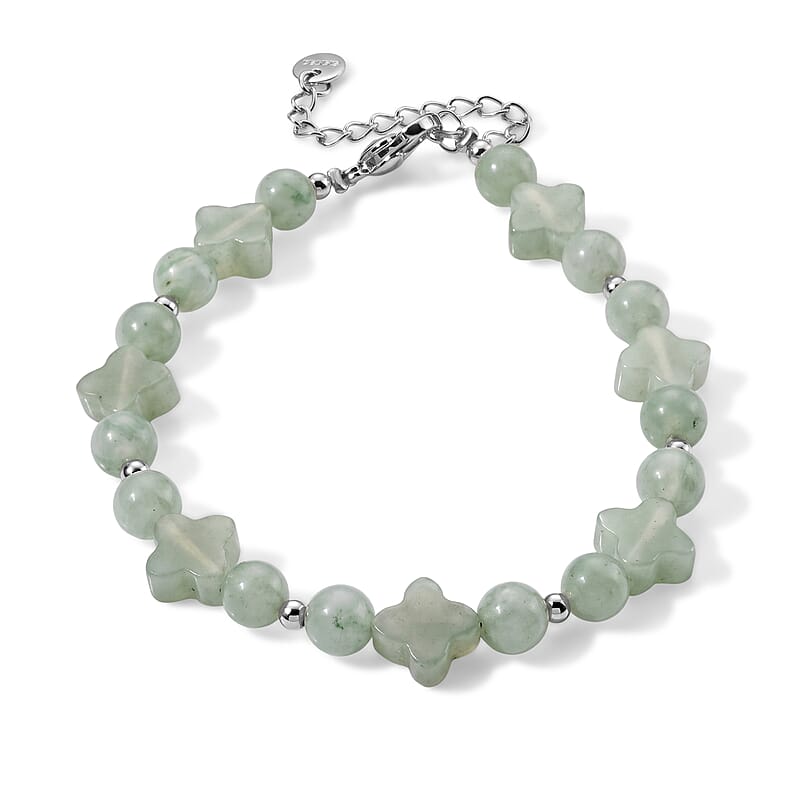 Green Aventurine 33.00 ctw Cord Four Leaf Clover Beaded Bracelet in Stainless Steel (7-9In)
