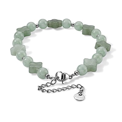 Green Aventurine 33.00 ctw Cord Four Leaf Clover Beaded Bracelet in Stainless Steel (7-9In)