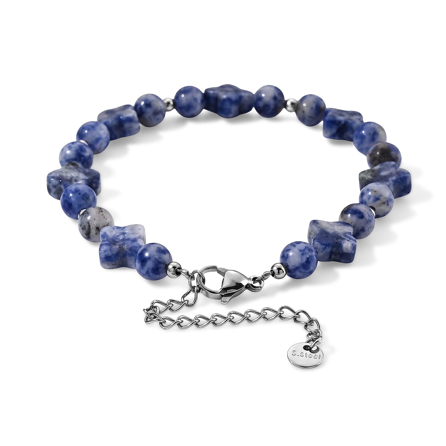 Blue Sodalite Cord Beaded Four Leaf Clover Bracelet in Stainless Steel (7-9In) 33.00 ctw
