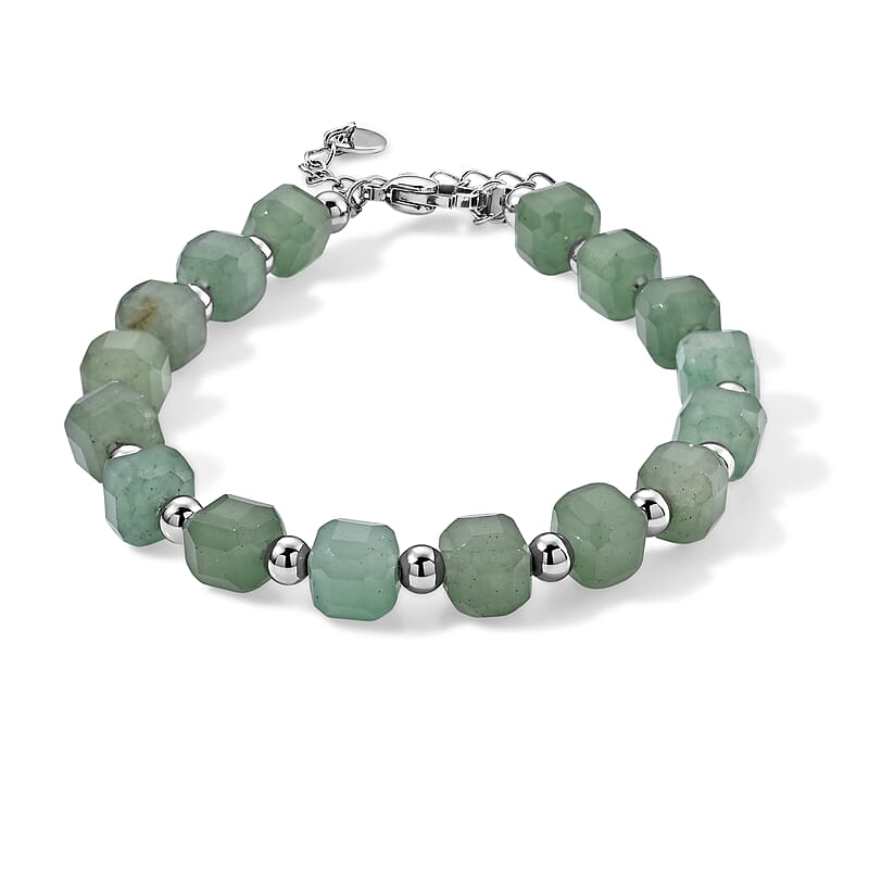 Green Aventurine 50.00 ctw Cord Beaded Square Bracelet in Stainless Steel (6-9In)