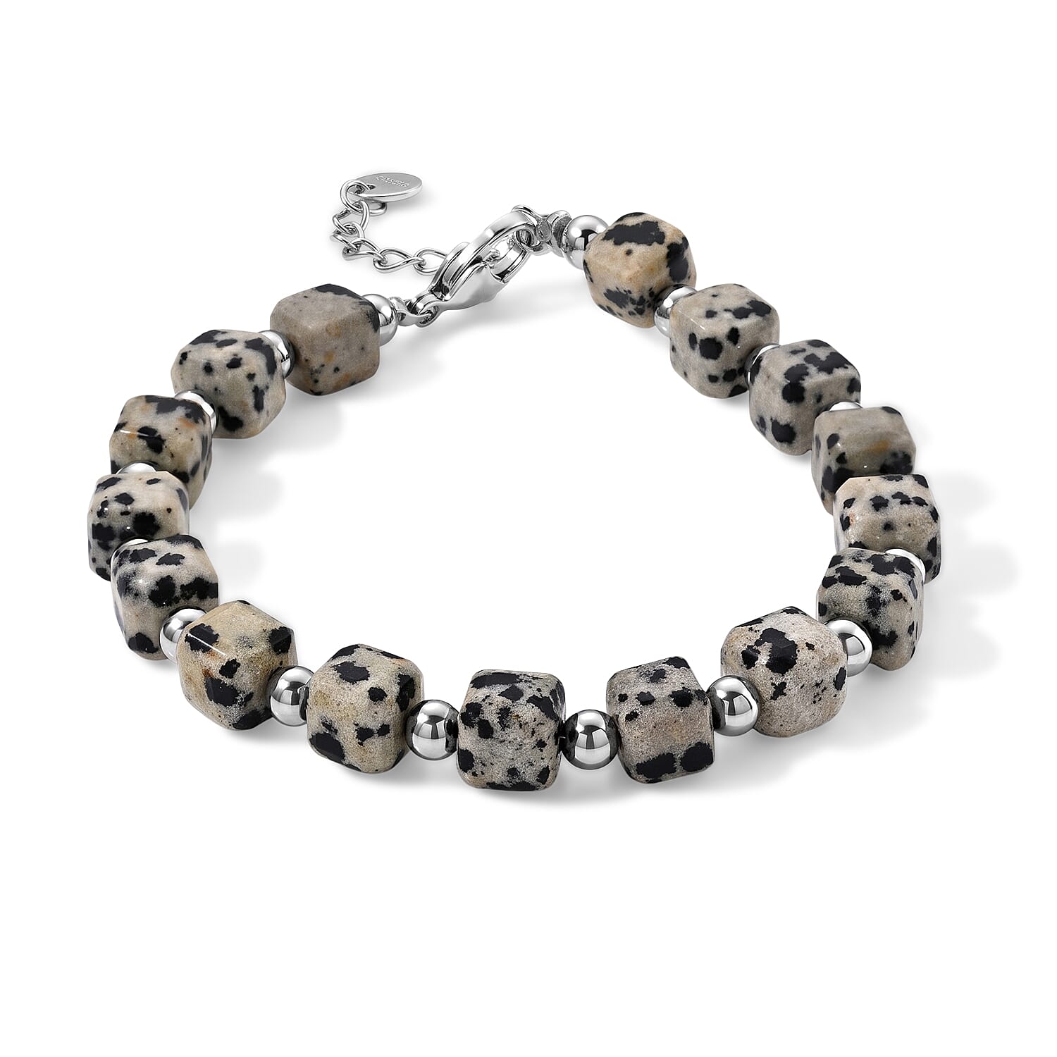 Dalmation Jasper 50.00 ctw Cord Beaded Square Bracelet in Stainless Steel (6-9In)