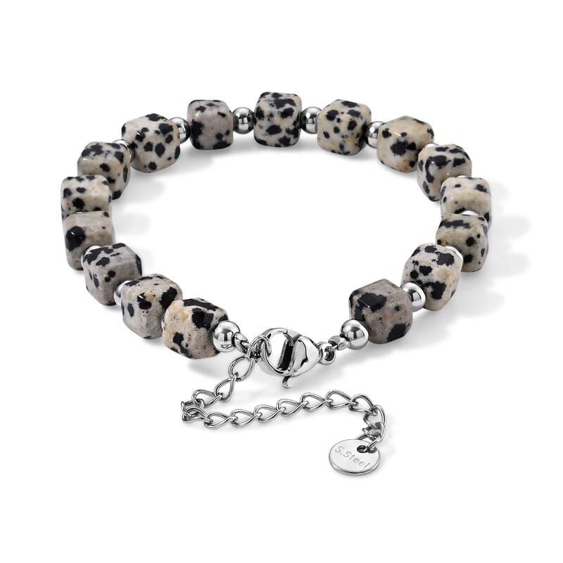 Dalmation Jasper 50.00 ctw Cord Beaded Square Bracelet in Stainless Steel (6-9In)