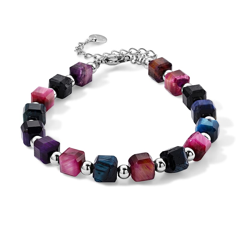 Multi Color Tiger Eye 50.00 ctw Cord Beaded Square Bracelet in Stainless Steel (6-9In)