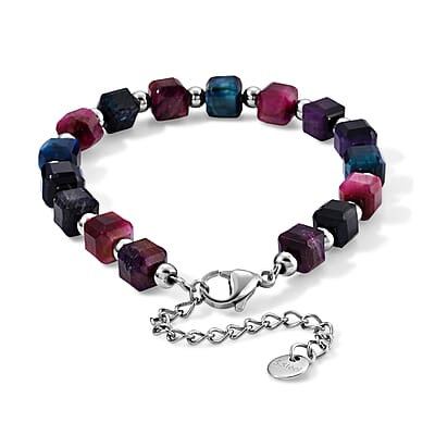 Multi Color Tiger Eye 50.00 ctw Cord Beaded Square Bracelet in Stainless Steel (6-9In)