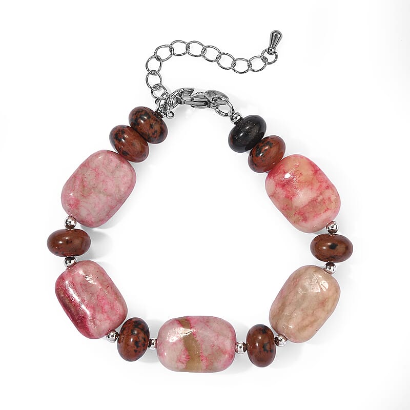 EverTrue Crazy Lace and Mahagooni Jasper 105.00 ctw Beaded Bracelet in Stainless Steel (7.25 In)