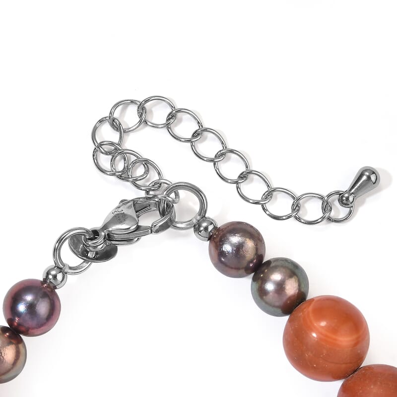 EverTrue Gold Sandstone, Peacock Pearl (D) and Red Malachite 185.00 ctw Bracelet in Stainless Steel (7.25 In)