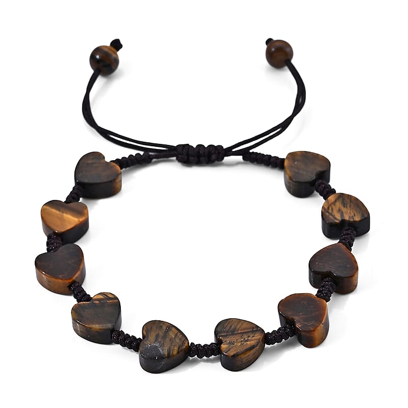 Yellow Tigers Eye 35.00 ctw Cotton Cord Beaded Heart Bracelet (6-9In)