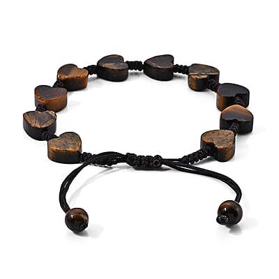 Yellow Tigers Eye 35.00 ctw Cotton Cord Beaded Heart Bracelet (6-9In)