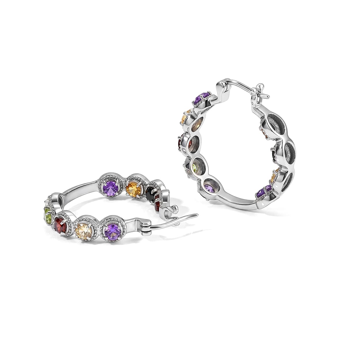 EverTrue Multi Gemstone 4.50 ctw Hoop Earrings in Stainless Steel image number 2
