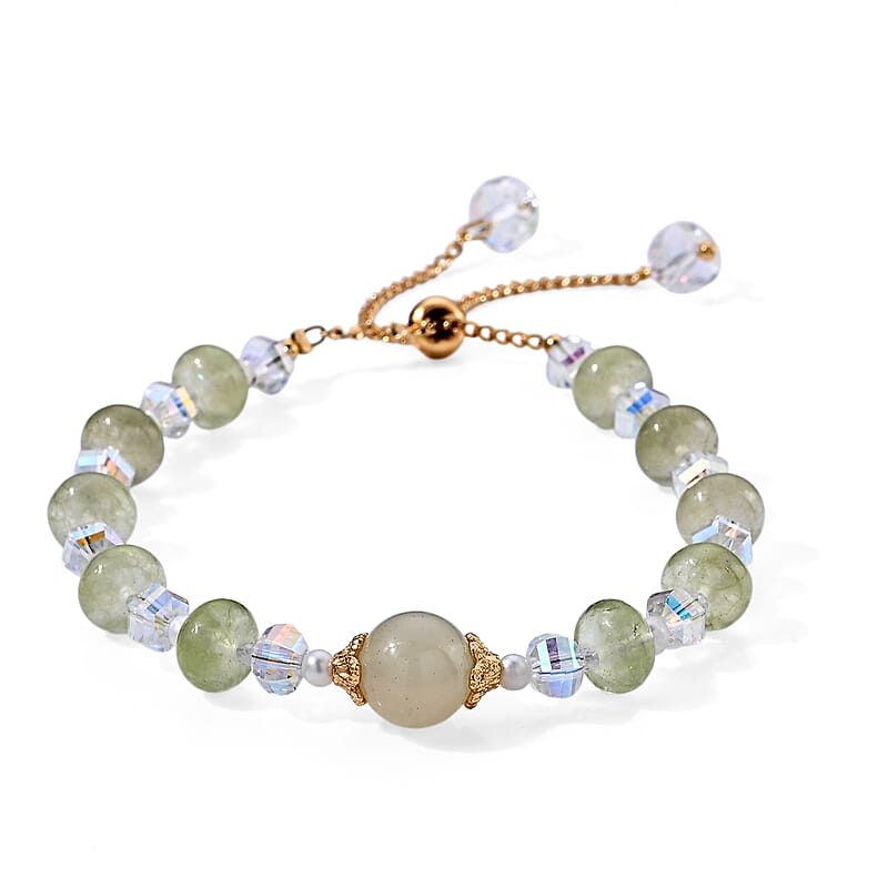 Austrian Green Crystal and Freshwater Pearl Bracelet in Goldtone (6.00-9.00In)
