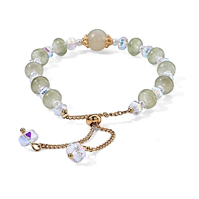 Austrian Green Crystal and Freshwater Pearl Bracelet in Goldtone (6.00-9.00In)