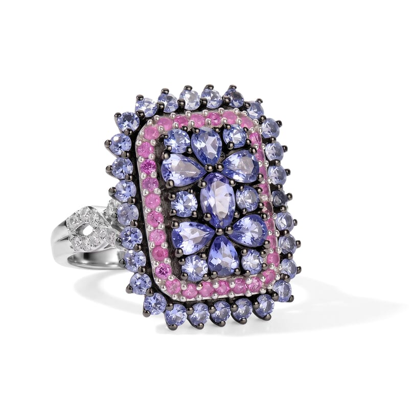 D'Joy Tanzanite and Multi Gemstone 3.50 ctw Regal Bloom Ring in Rhodium Over Sterling Silver (Size 10.0)