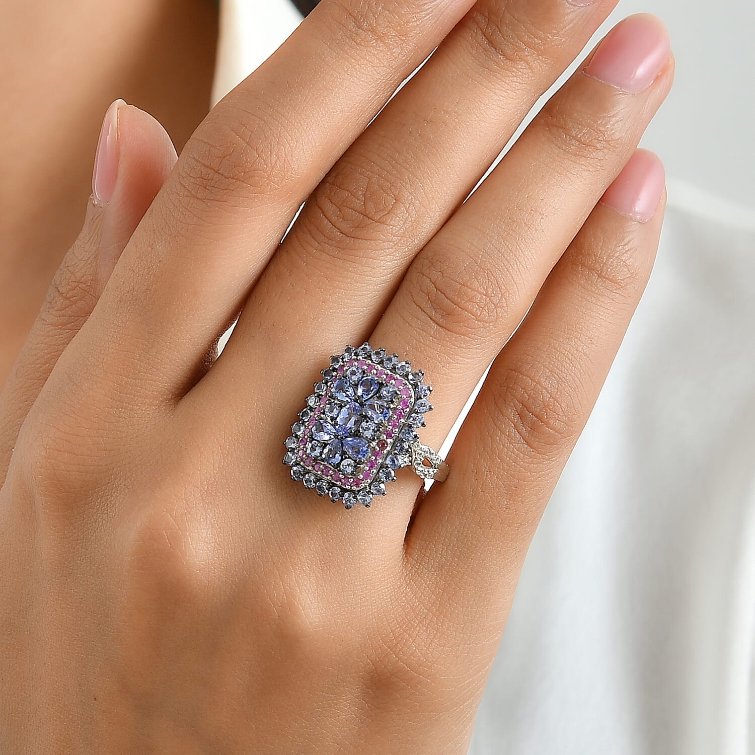 D'Joy Tanzanite and Multi Gemstone 3.50 ctw Regal Bloom Ring in Rhodium Over Sterling Silver (Size 10.0)