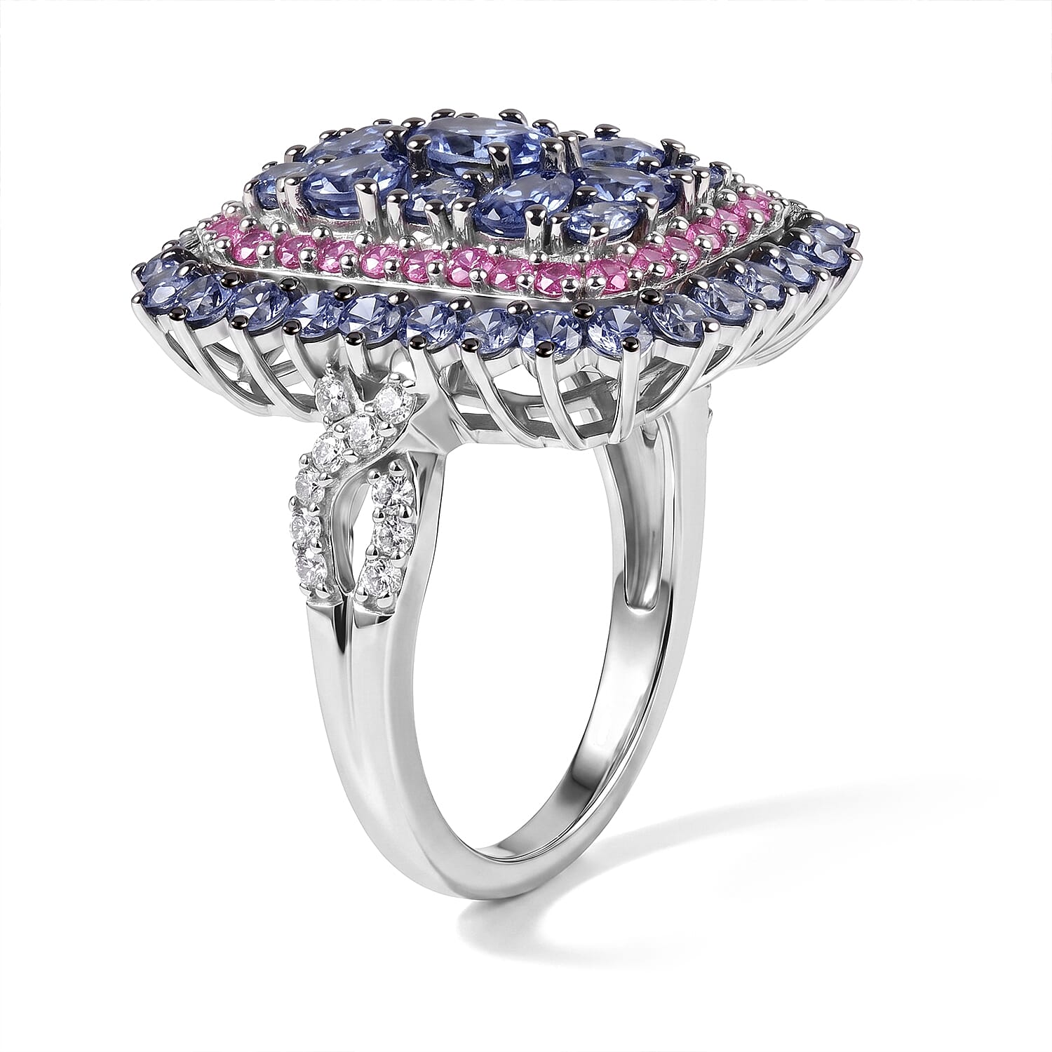 D'Joy Tanzanite and Multi Gemstone 3.50 ctw Regal Bloom Ring in Rhodium Over Sterling Silver (Size 10.0)