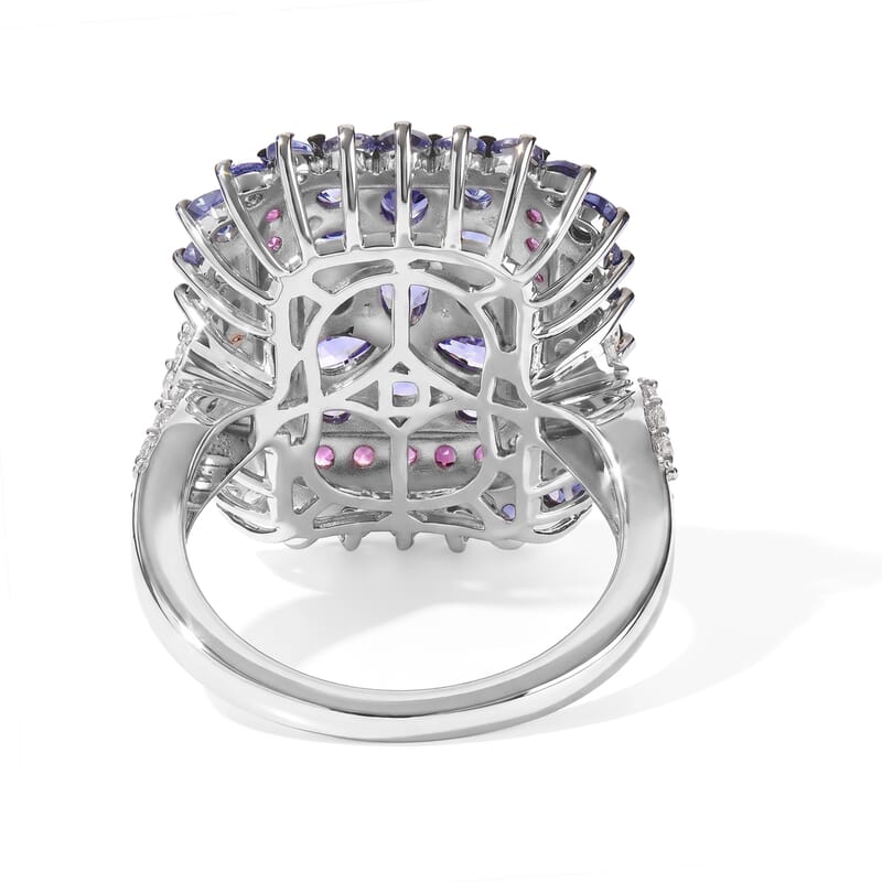 D'Joy Tanzanite and Multi Gemstone 3.50 ctw Regal Bloom Ring in Rhodium Over Sterling Silver (Size 10.0)